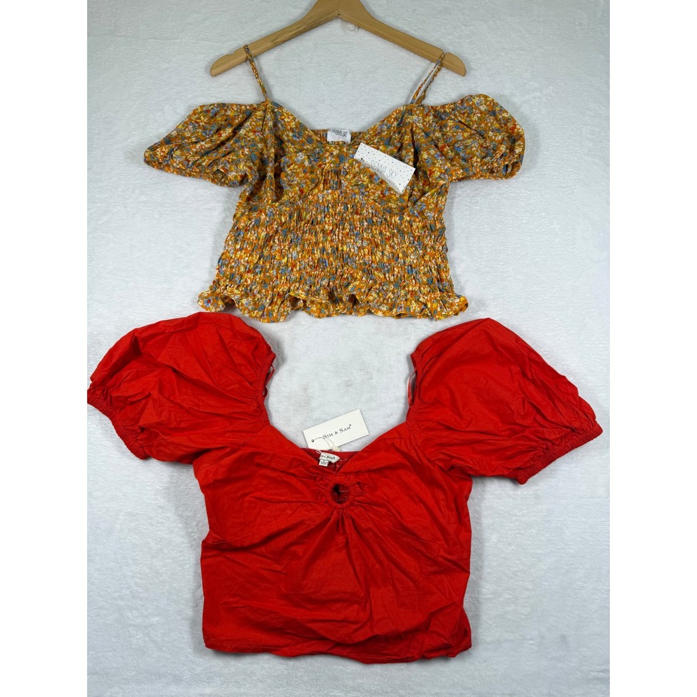 NWT Peasant blouse 2 pack L Sim & Sam Puff Sleeve & Sienna Sky smocked crop top